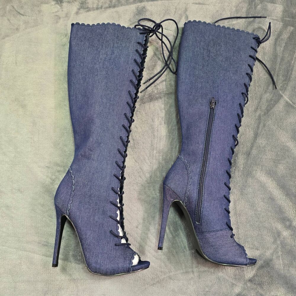 Denim Knee High Boots Size 8.5 | Y2K Festival Statement Heels - Picture 11 of 13